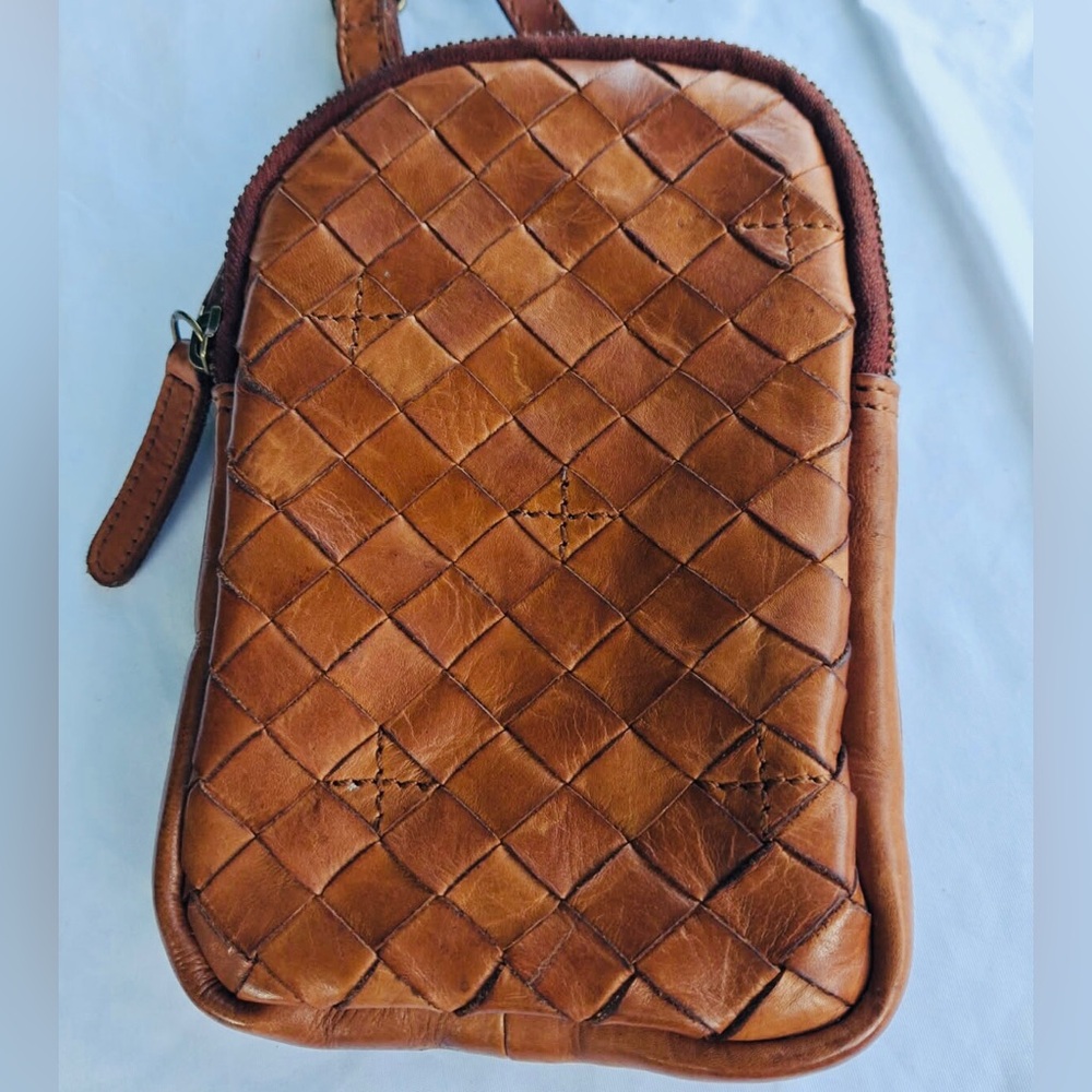 Woven Tan Leather Crossbody Pouch